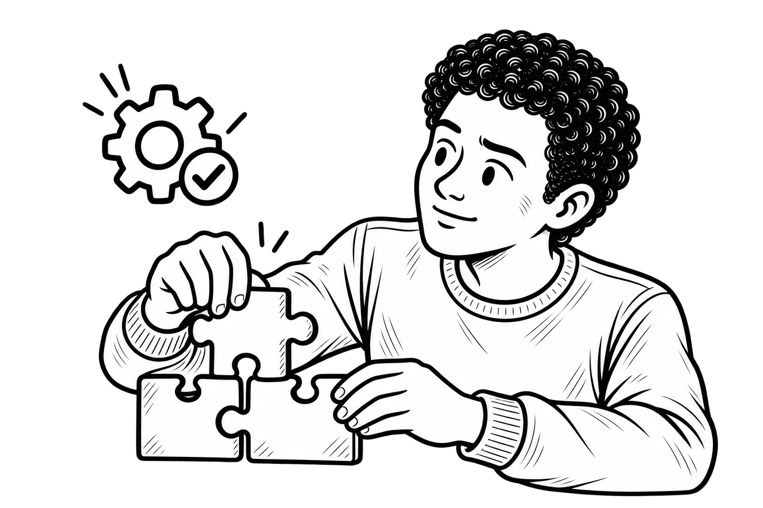dominick-wordpress-plugins-quick-take Black-and-white illustration of Dominick fitting puzzle pieces together, representing compatible WordPress plugins.