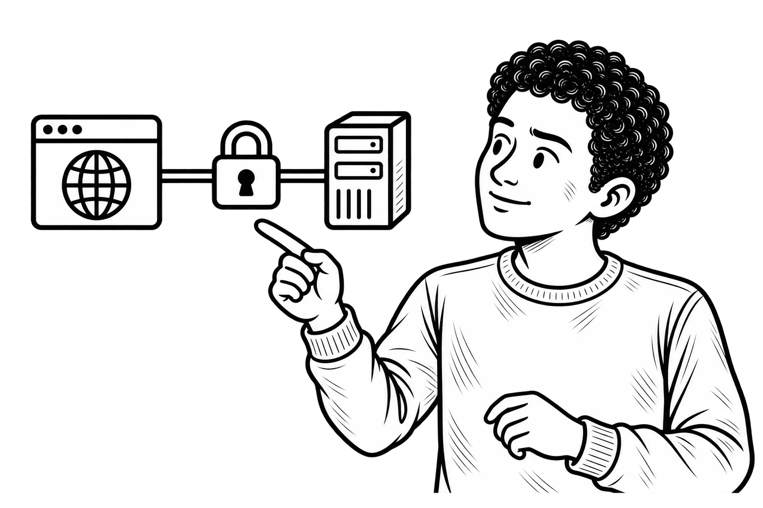 Black-and-white illustration of Dominick pointing to a padlock between a browser and server, representing an HTTPS connection.