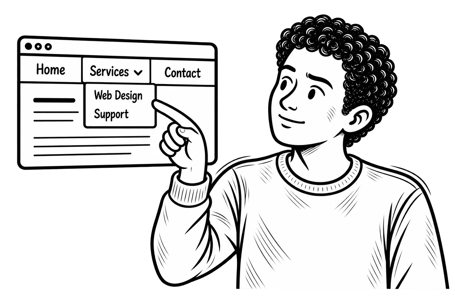 Black-and-white illustration of Dominick pointing to a website navigation menu with a Services dropdown.