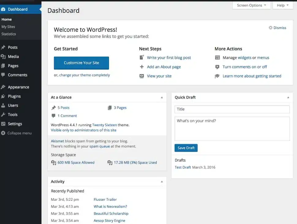WordPress administrator dashboard showing the left navigation menu.
