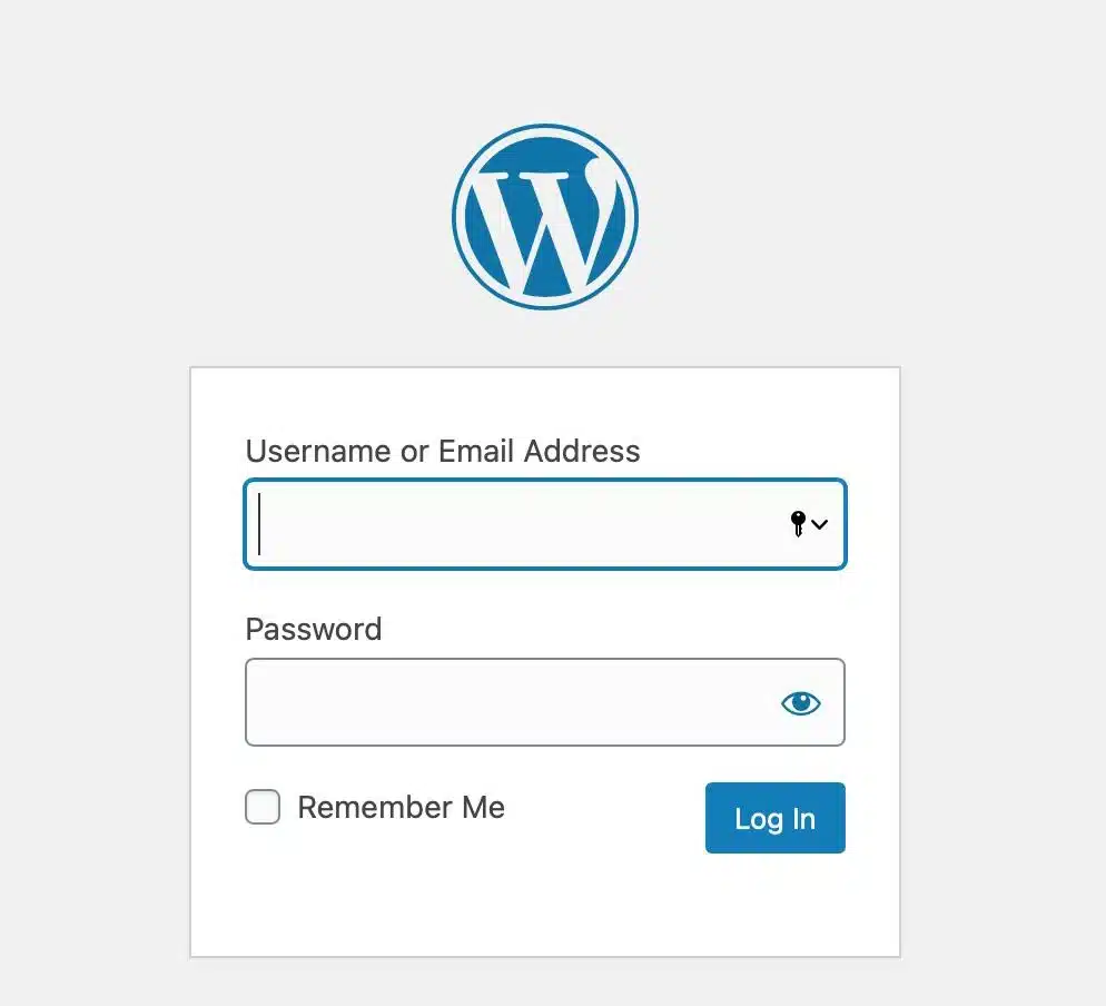 Standard WordPress login screen showing username, password, and Log In button