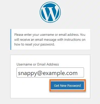 WordPress password recovery screen with username or email field and Get New Password button