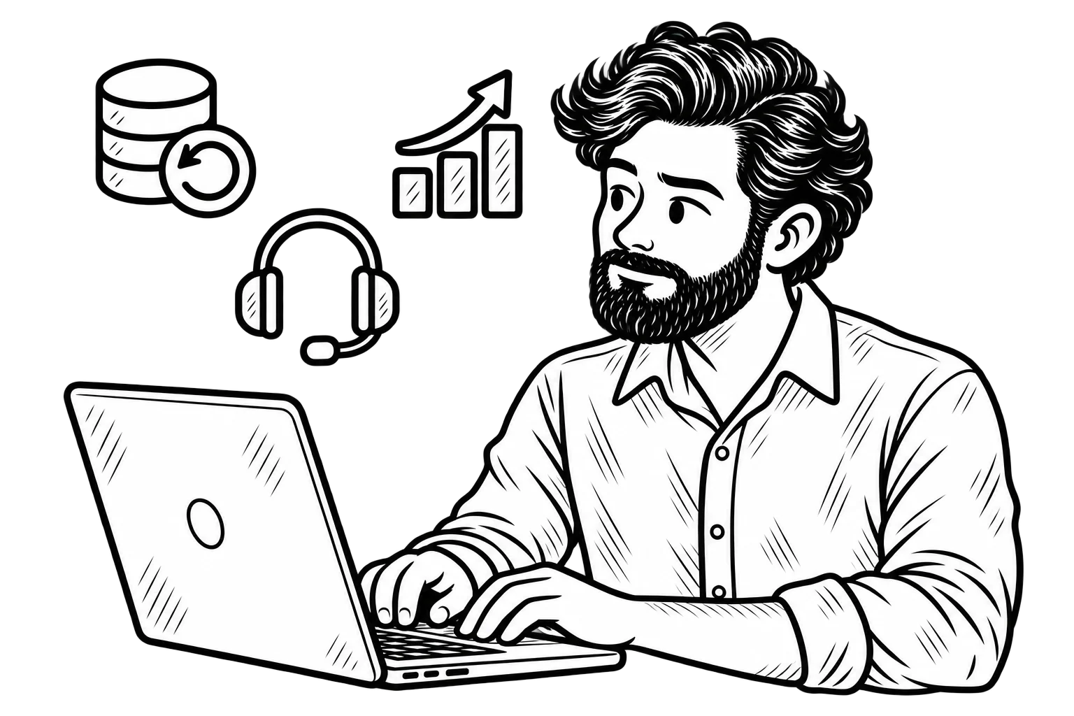 Black-and-white illustration of Aaron working on a laptop, with floating icons representing backups, support, and room to grow.
