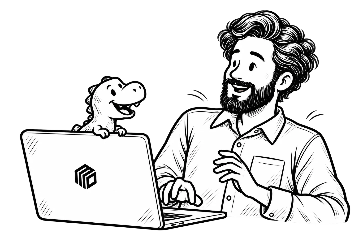 Aaron reacting with amused surprise as a small cartoon dinosaur peeks out of his MoDuet laptop.
