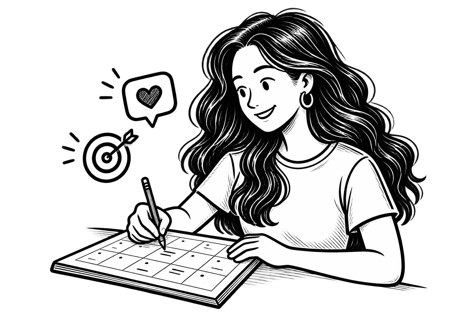 Black-and-white illustration of Victoria planning a posting calendar, with icons representing social content and business goals.