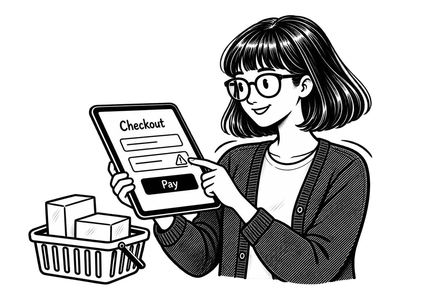 Zoe pointing to an error in a tablet checkout form, with a shopping basket beside her.