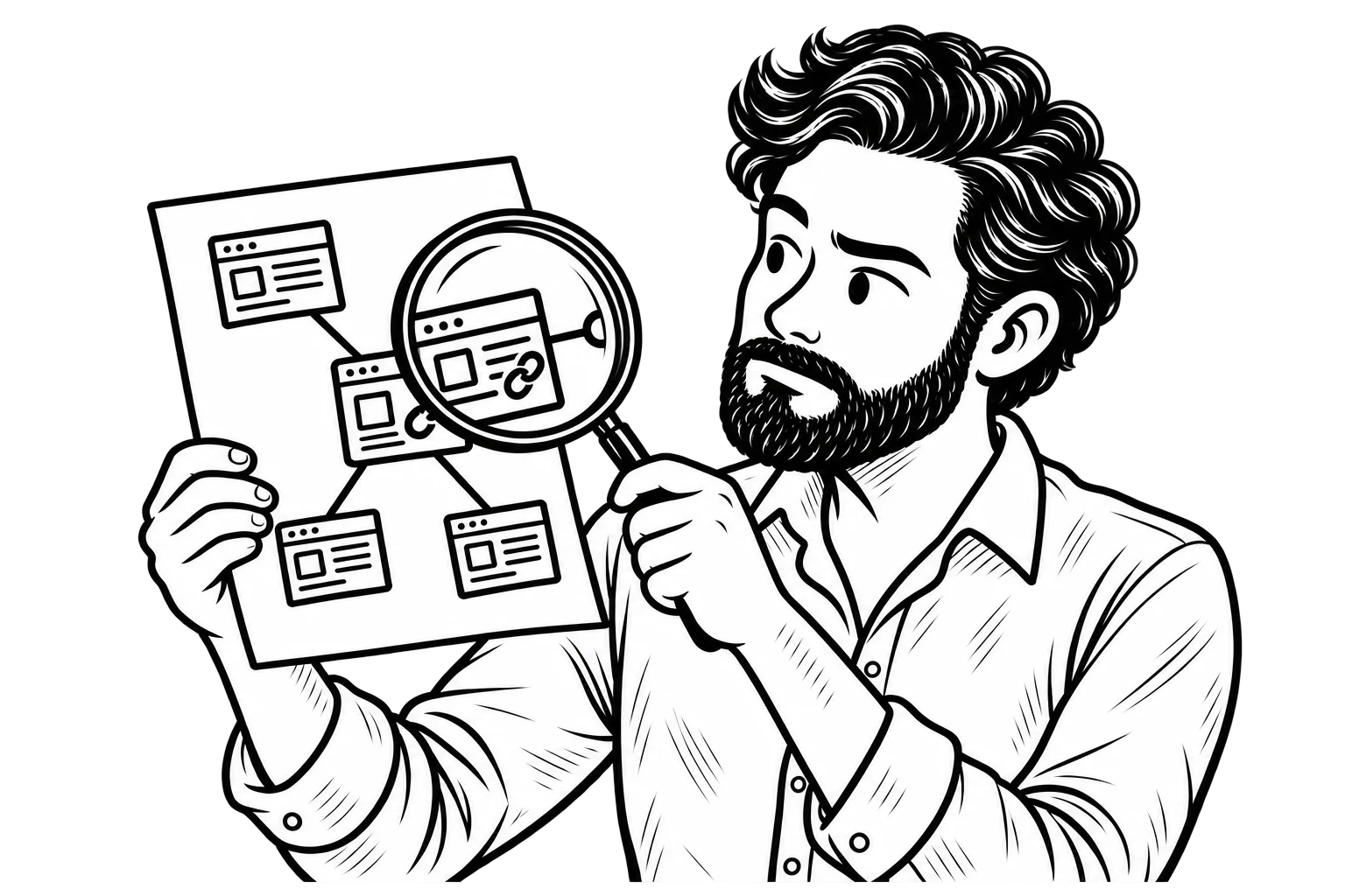 Black-and-white illustration of Aaron examining a website backlink diagram with a magnifying glass.