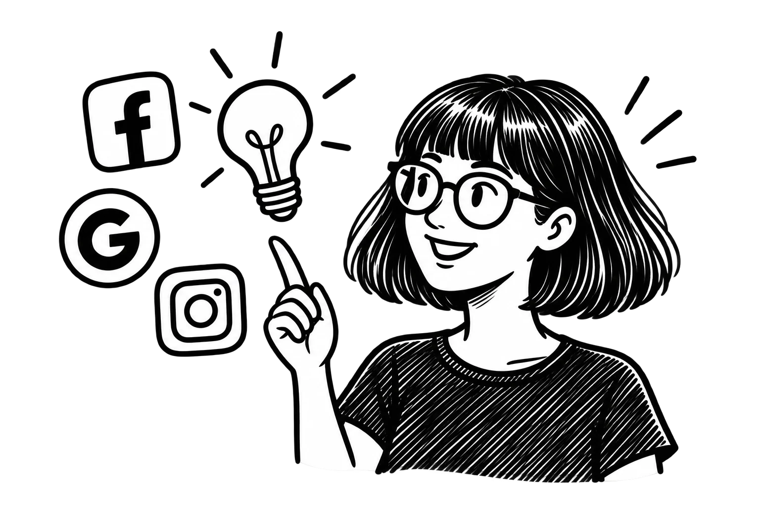 Black-and-white illustration of Zoe pointing to a lightbulb beside Facebook, Google, and Instagram icons.