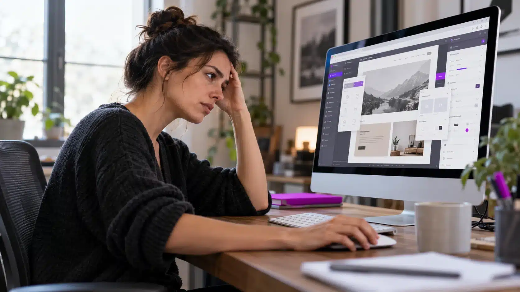 Frustrated web designer working with overlapping settings panels in a visual website editor.