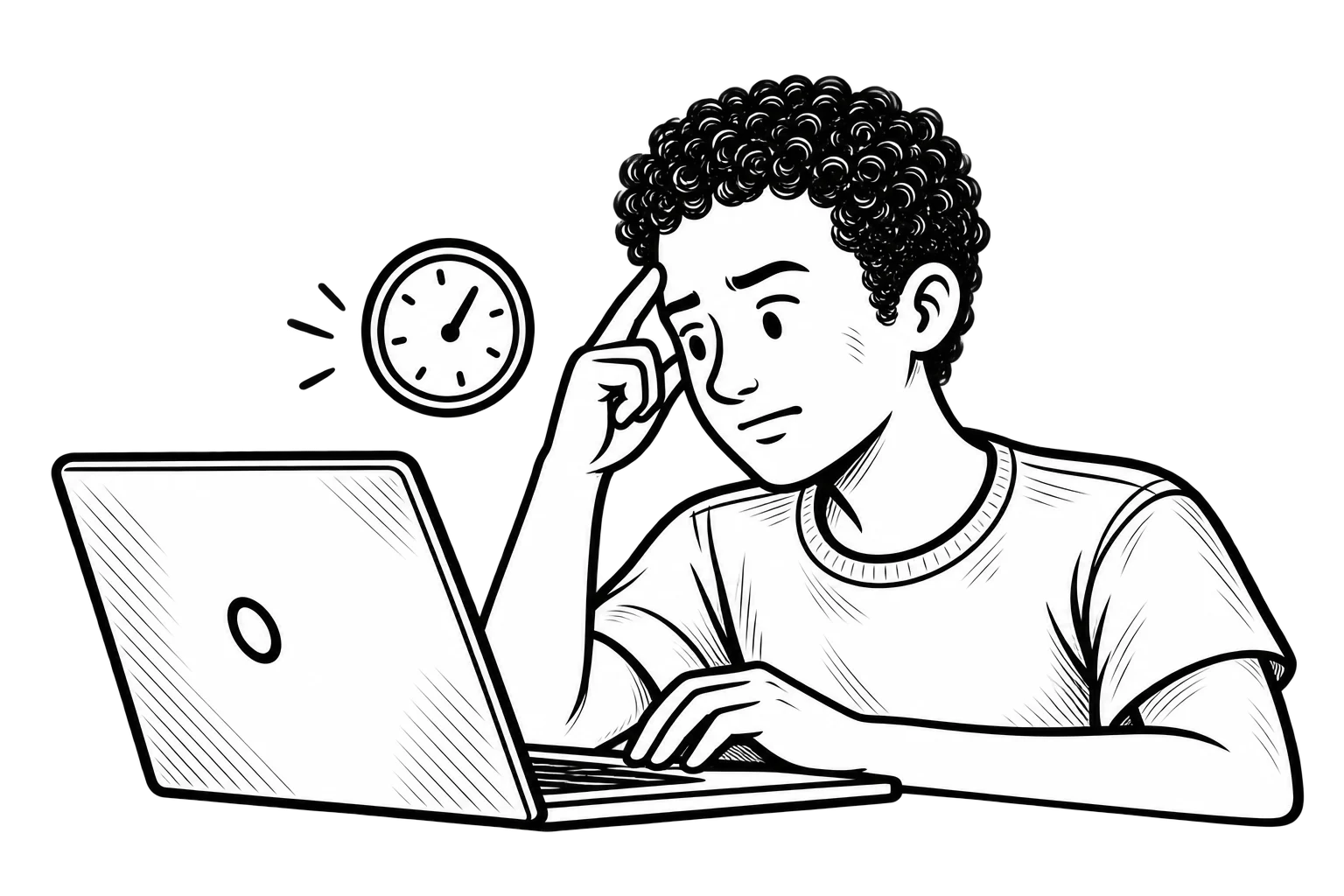 Black-and-white illustration of Dominick from MoDuet troubleshooting a website on a laptop, with a clock representing additional maintenance time.