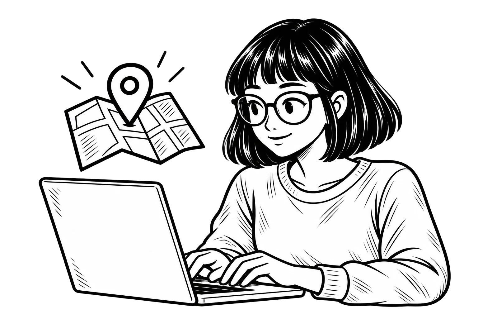 Black-and-white illustration of Zoe working on a laptop, with a map and location pin representing local SEO.