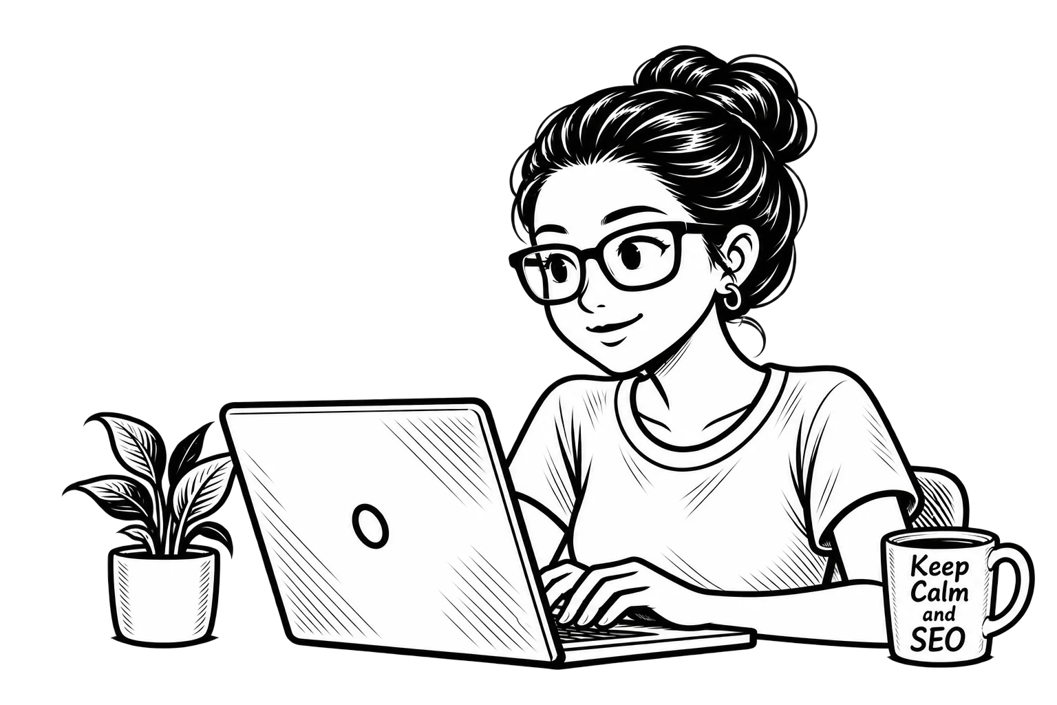 Black-and-white illustration of Patricia from MoDuet working on SEO on a laptop with a ‘Keep calm and SEO’ coffee cup.