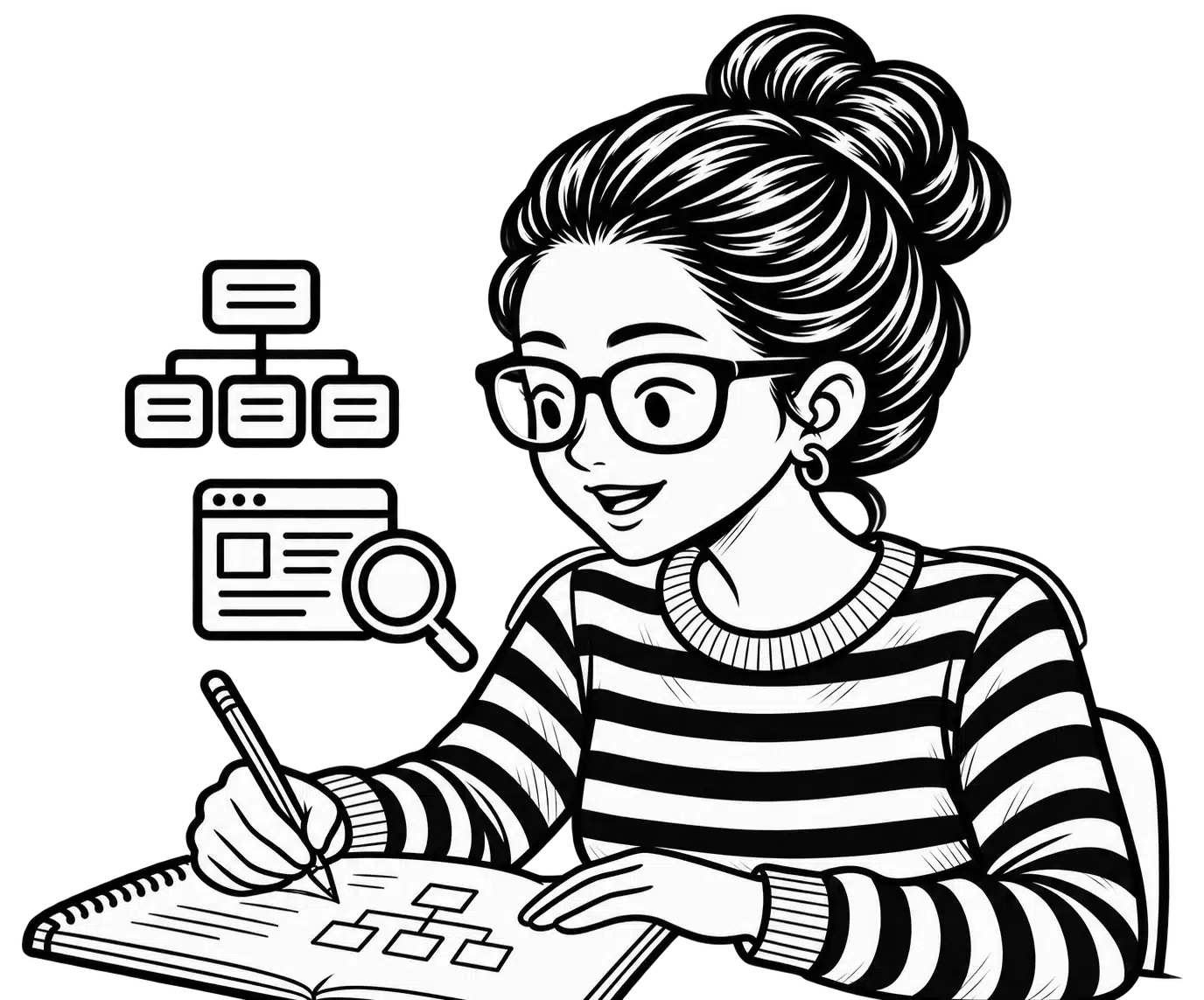 Black-and-white illustration of Patricia planning a website structure in a notebook, with sitemap and search icons beside her.