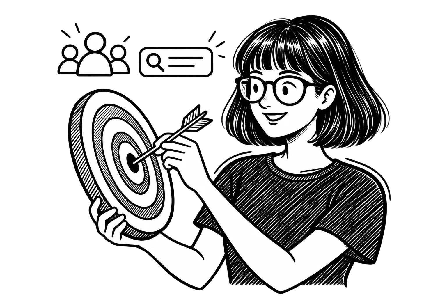 zoe-google-ads-quick-take Black-and-white illustration of Zoe adjusting an arrow in the center of a target, with audience and search icons beside her.