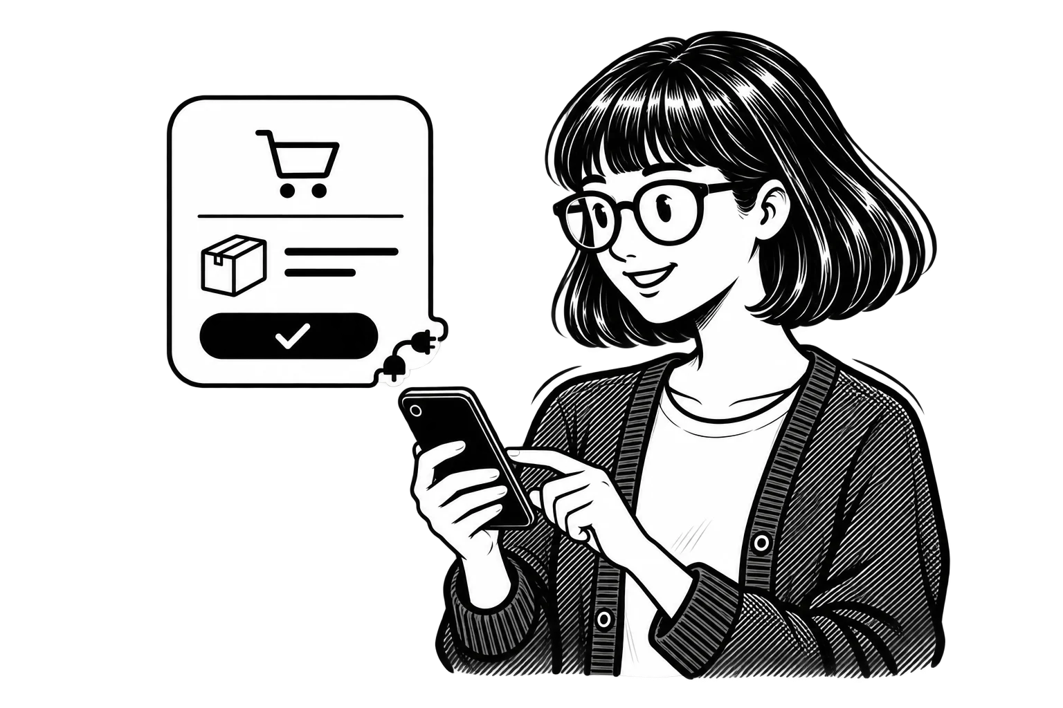 Zoe using a smartphone beside a simplified checkout panel with a shopping cart, product, and confirmation checkmark.