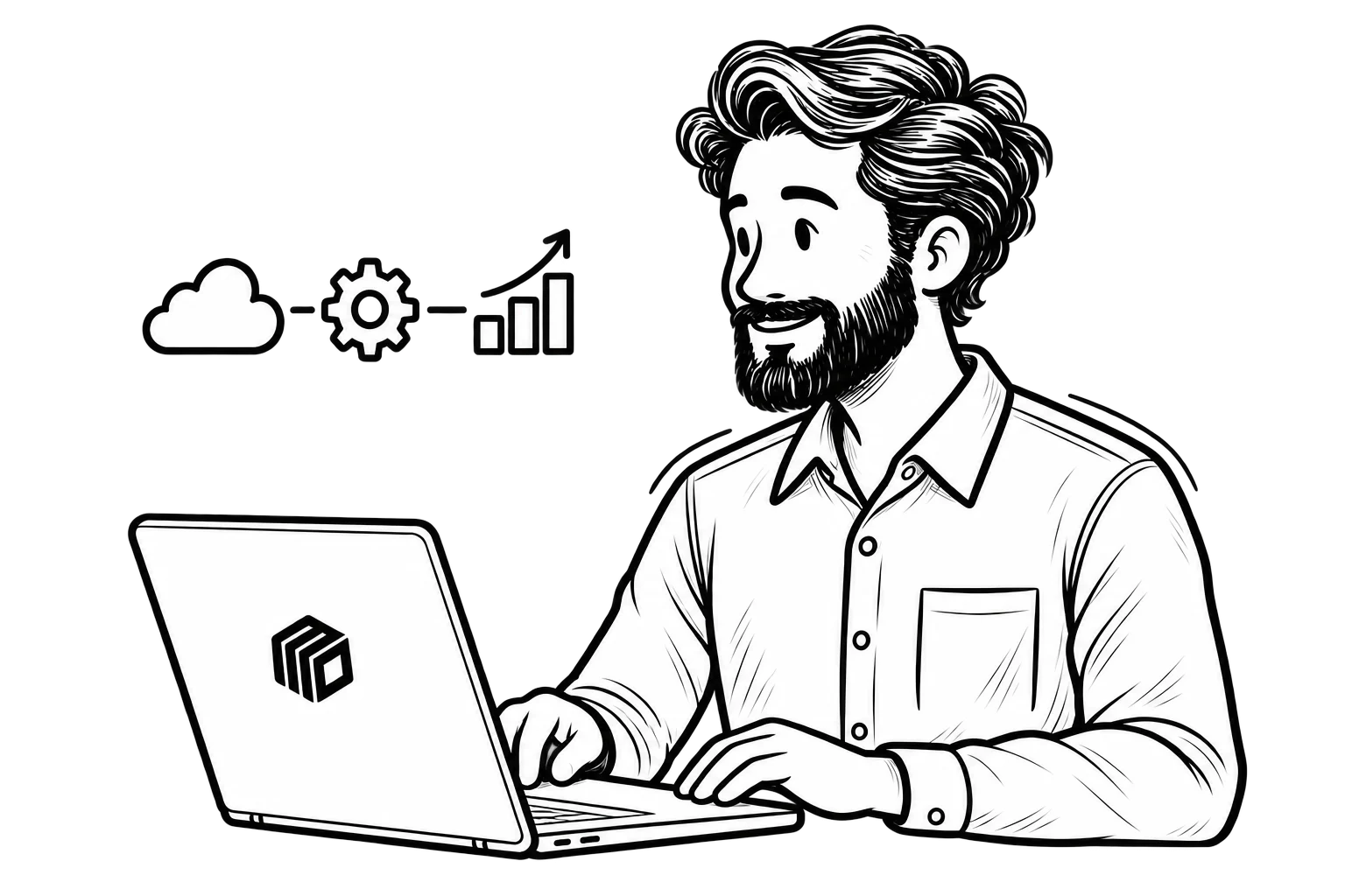 Aaron reviewing a laptop beneath connected cloud, gear, and growth chart icons.
