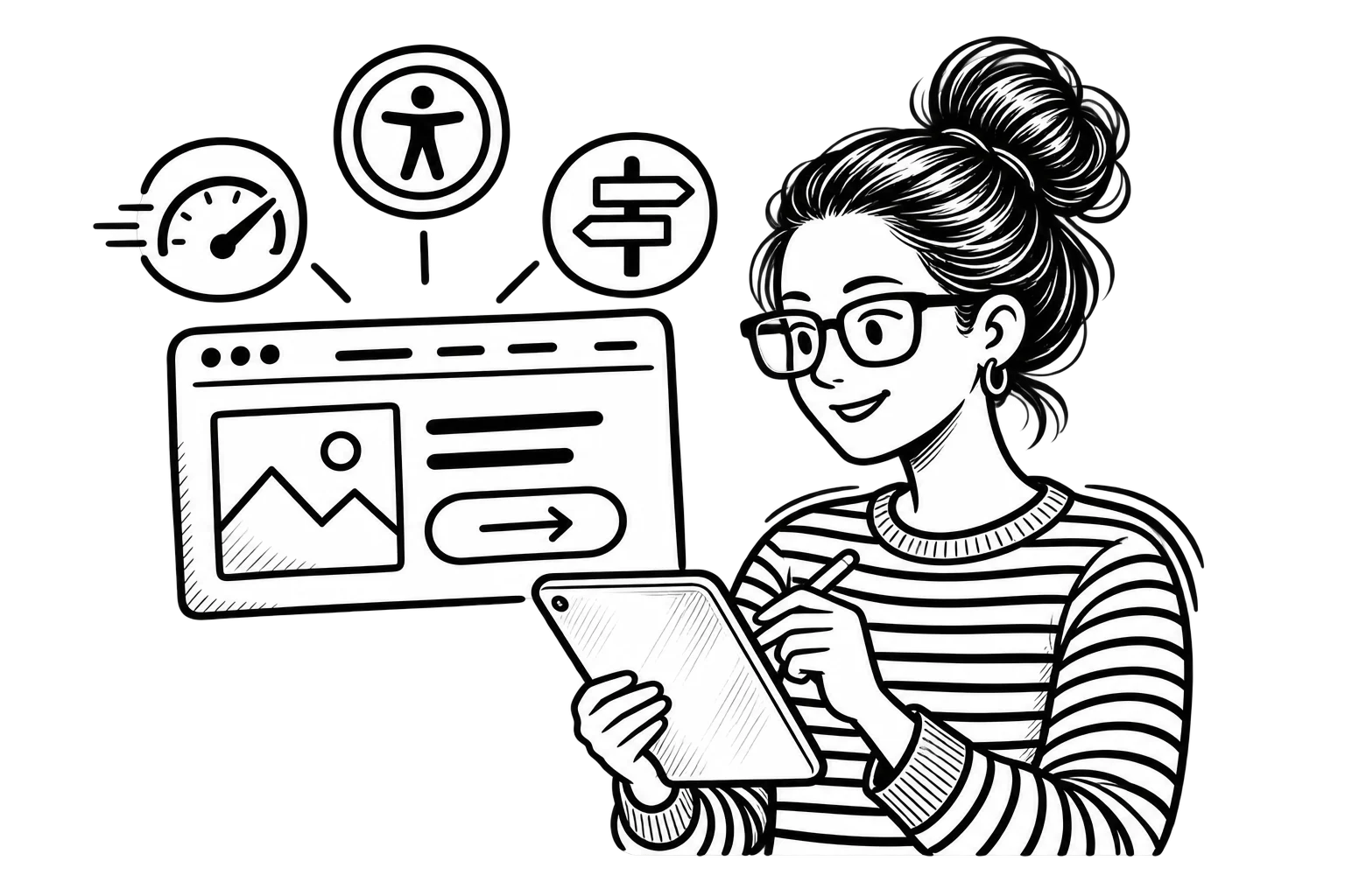 Black-and-white illustration of Patricia using a tablet beside a clear website layout and icons representing speed, accessibility, and navigation.