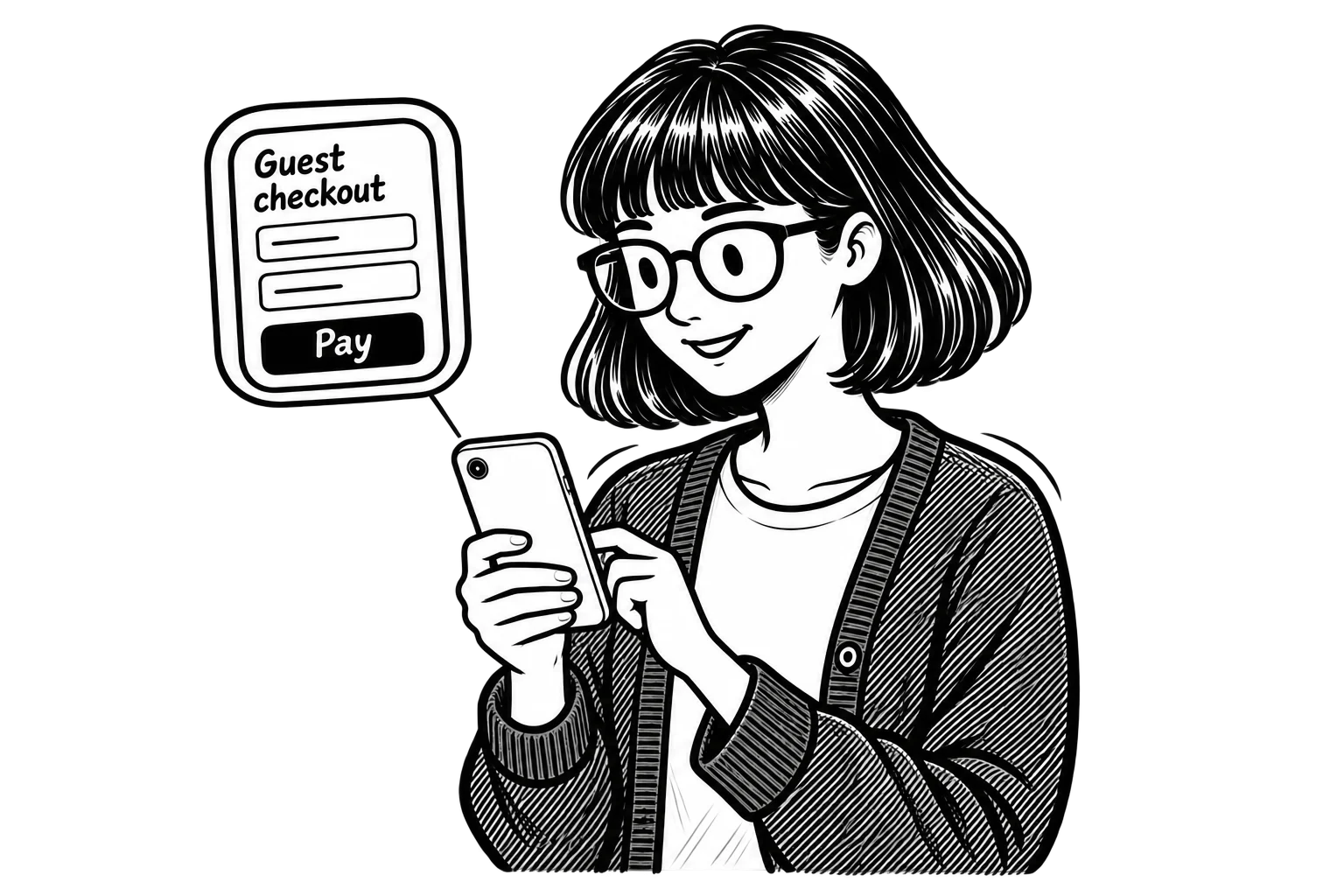 Zoe testing checkout on a smartphone, with an enlarged view showing guest checkout fields and a Pay button.