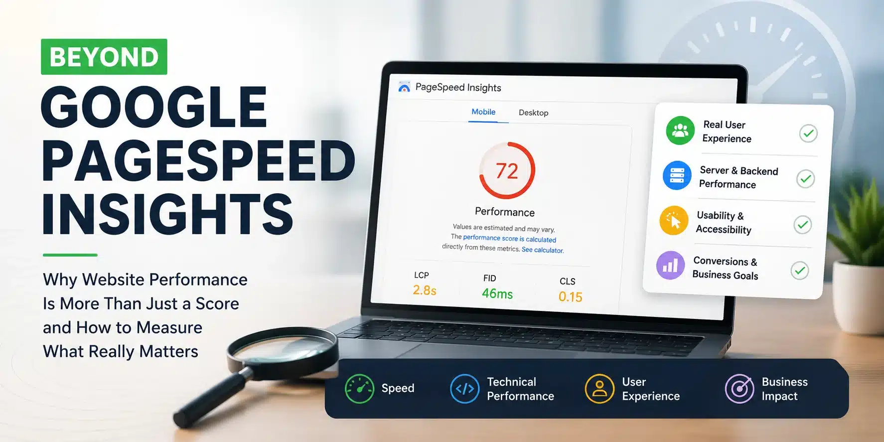 Website performance and insights dashboard Laptop displaying a website performance dashboard alongside visual indicators for user experience, server performance, usability, and business impact, illustrating why website performance goes beyond Google PageSpeed Insights scores.