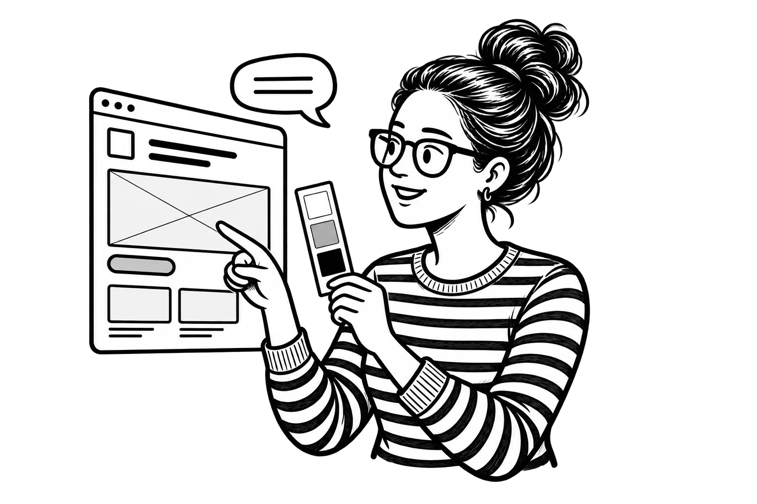 Black-and-white illustration of Patricia comparing visual swatches with a website layout, with a speech bubble representing brand messaging.