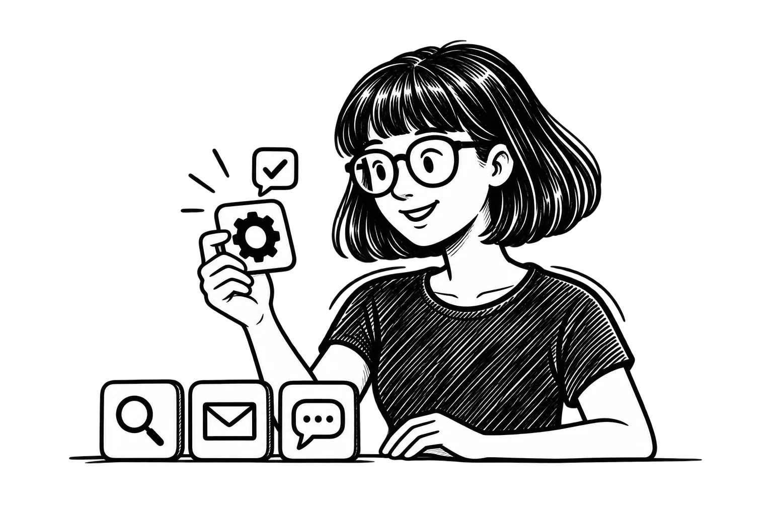 Black-and-white illustration of Zoe selecting a marketing tool beside icons representing search, email, and social media.