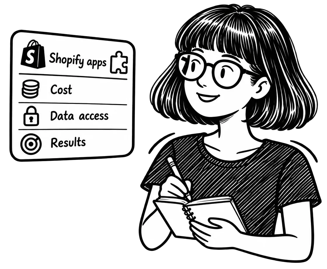 Zoe taking notes in a notebook beside a Shopify apps panel listing cost, data access, and results.