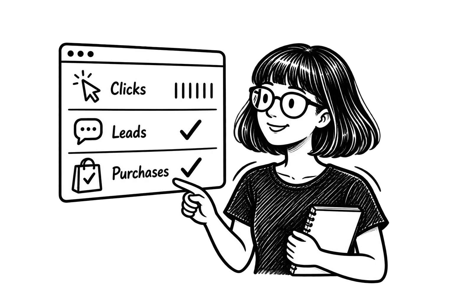 Zoe holding a notebook and pointing to purchases on a panel comparing clicks, leads, and purchases.