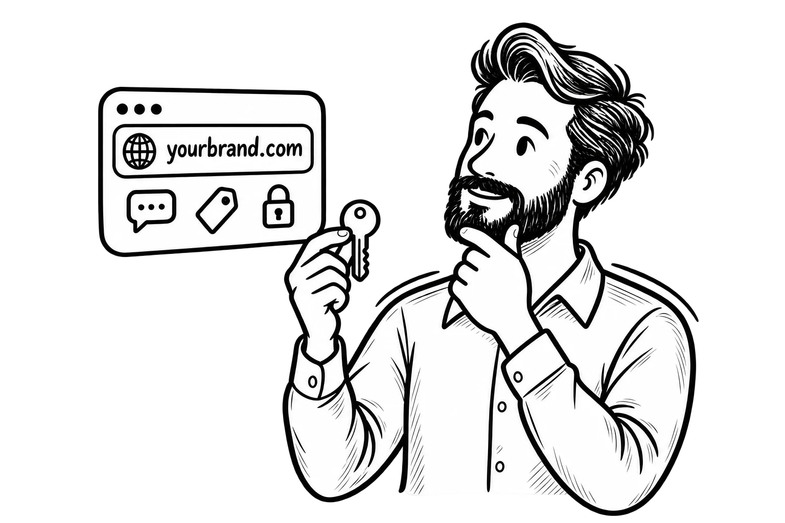 Aaron holding a key beside a browser card displaying “yourbrand.com” with messaging, brand tag, and lock icons.