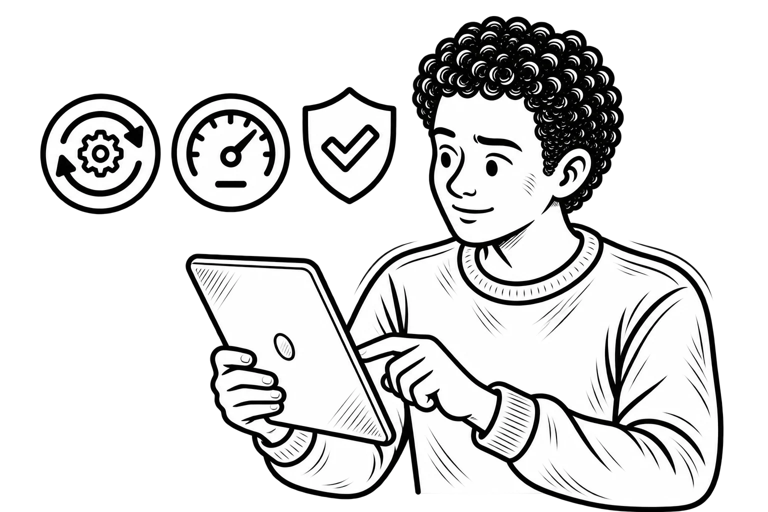 Black-and-white illustration of Dominick using a tablet, with icons representing updates, performance checks, and security reviews.