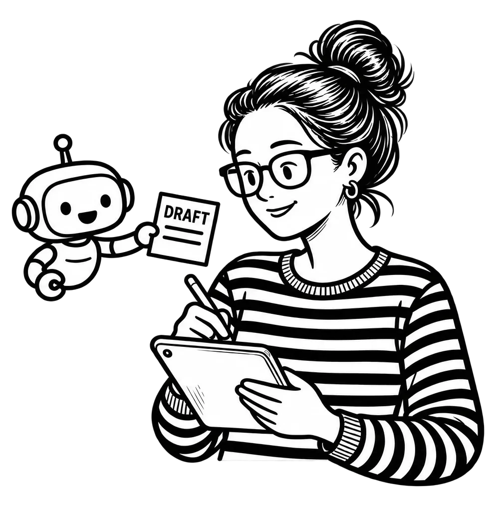 A small robot offering Patricia a document labeled “DRAFT” while she reviews content on a tablet.