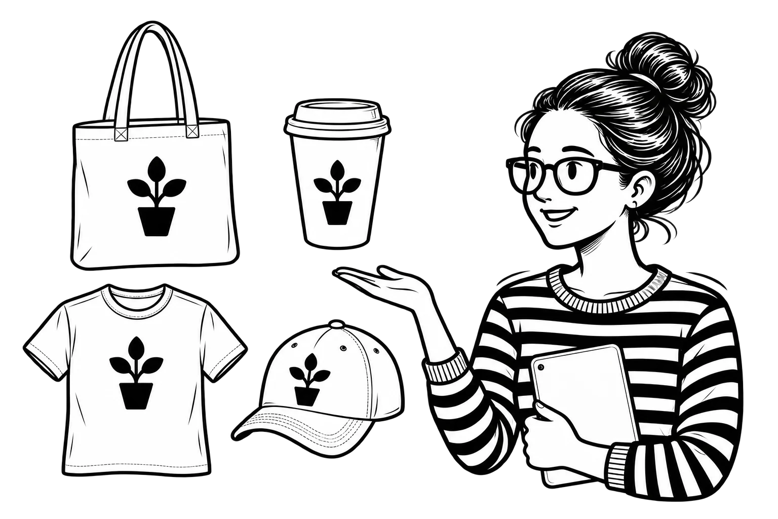 Patricia presenting a tote bag, coffee cup, T-shirt, and cap featuring the same potted plant logo.