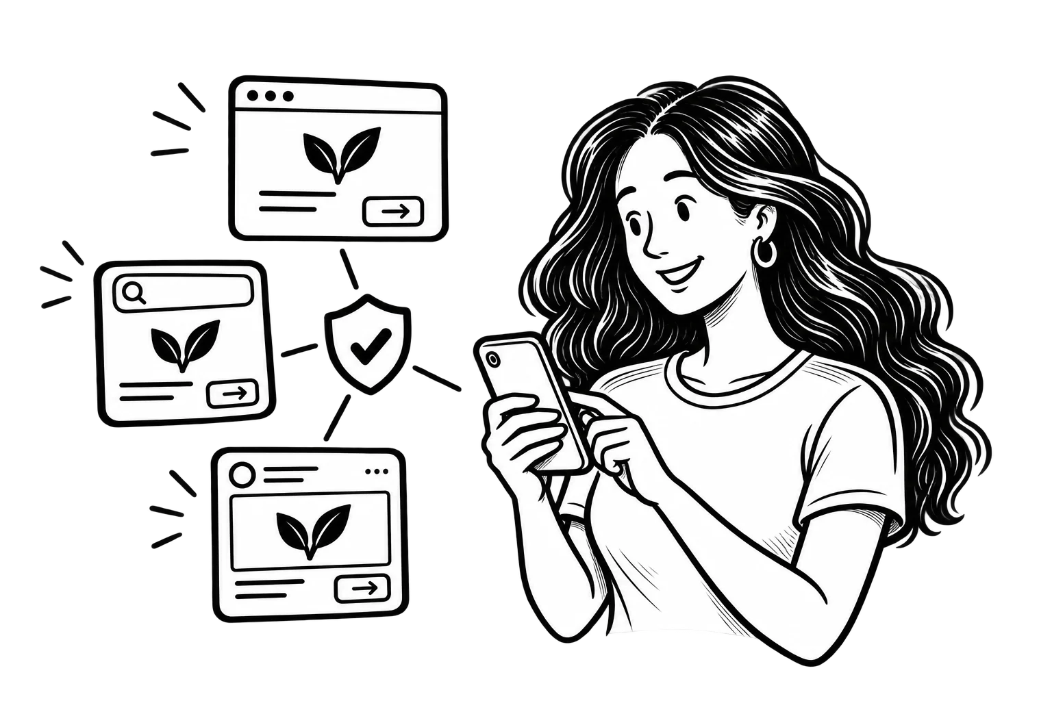 Black-and-white illustration of Victoria using a smartphone beside website, search, and social media cards sharing the same brand symbol and a trust shield.