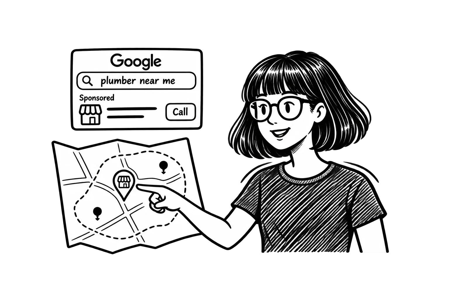 Zoe pointing to a business’s service area on a map beside a Google search ad with a “Call” button.