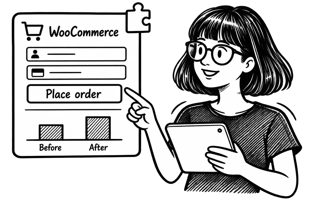 Zoe holding a tablet and pointing to a WooCommerce checkout panel with a before-and-after results chart.