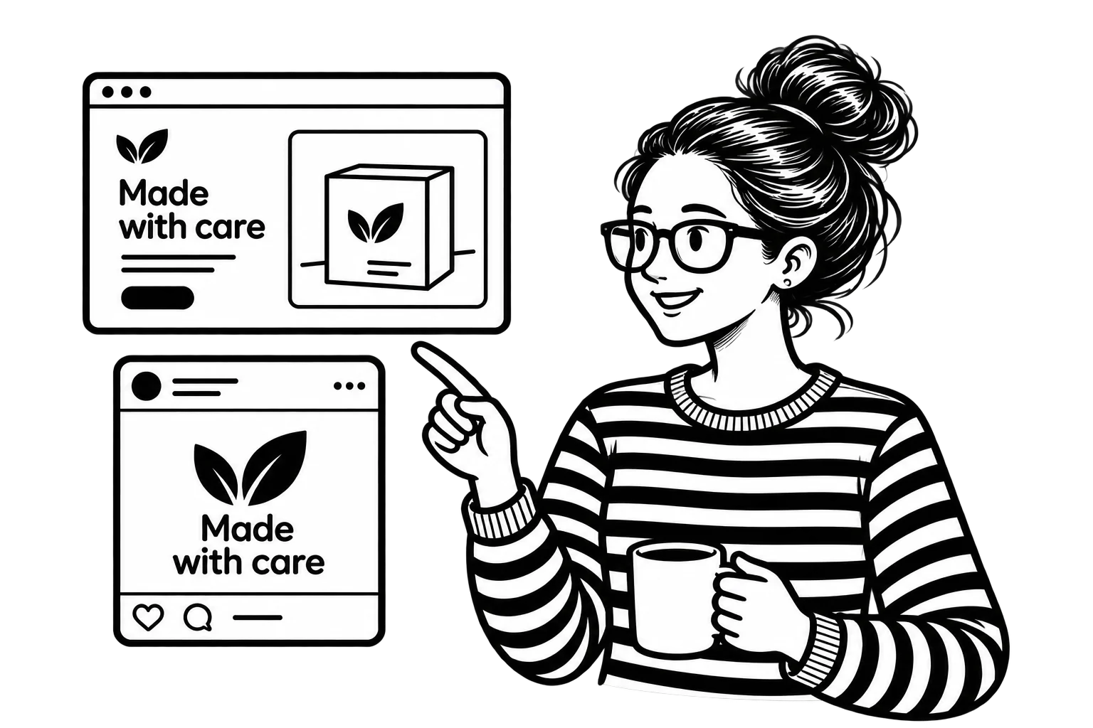 Patricia comparing website and social media layouts that share a leaf logo and “Made with care” message.
