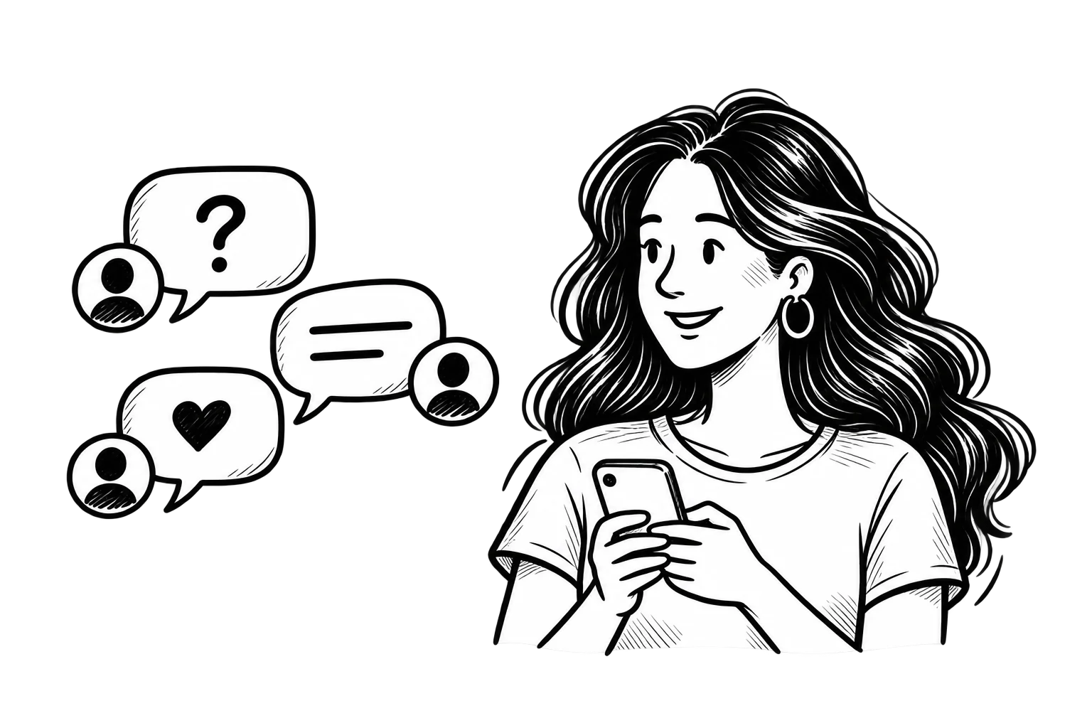 Victoria using a smartphone beside speech bubbles representing questions, conversations, and community participation.