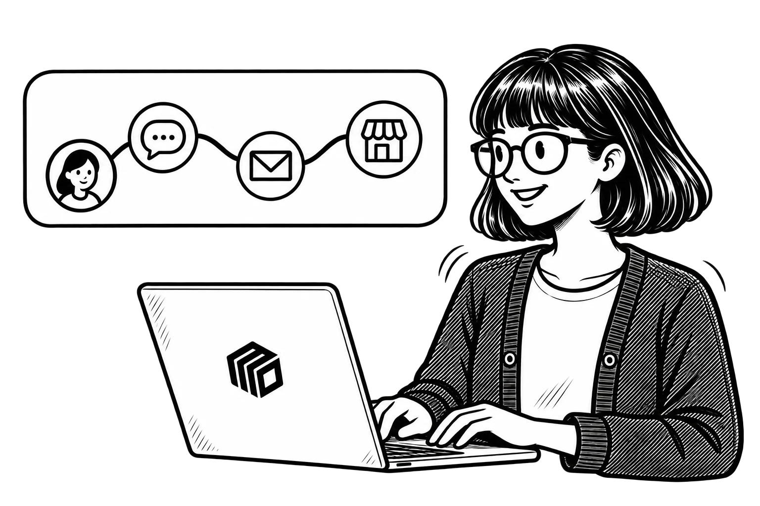 Zoe working on a laptop beneath connected customer, messaging, email, and storefront icons.