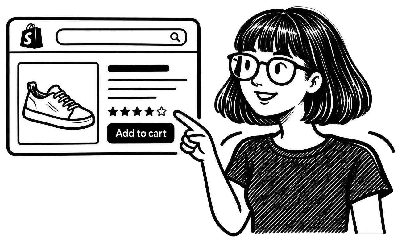 Zoe pointing to a Shopify product page with a shoe, product details, customer ratings, and an “Add to cart” button.