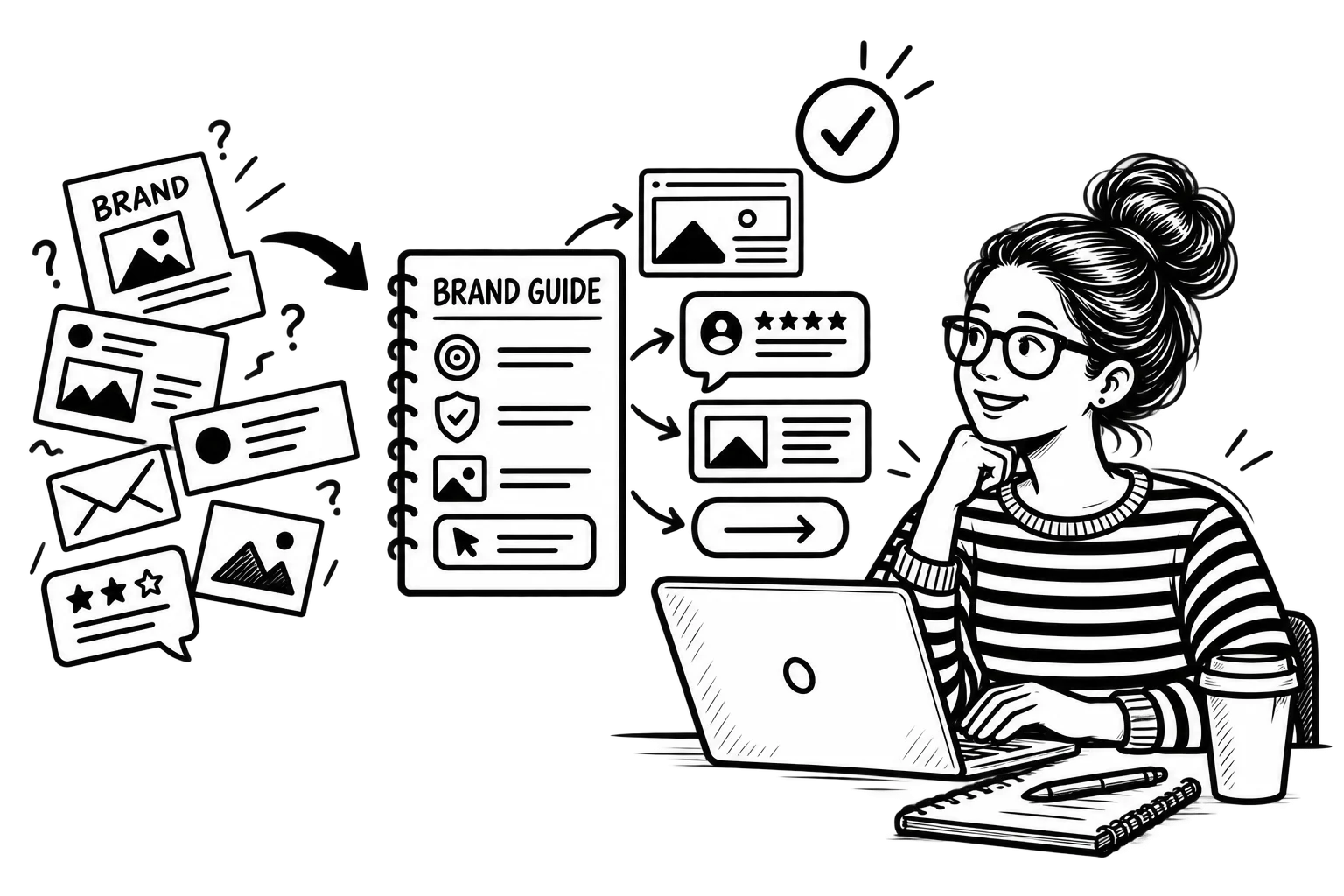 Black and white illustration of Patricia reviewing a branding guide that turns inconsistent marketing assets into a more aligned customer experience across design, proof, messaging, and calls to action.