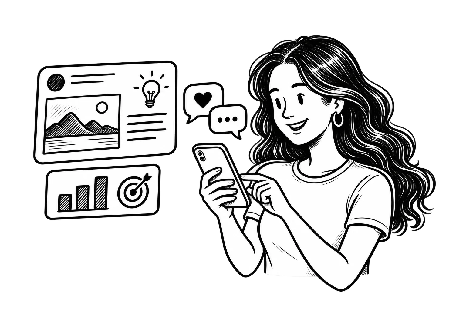 Victoria using a smartphone beside a useful content post, conversation bubbles, and a chart with a business goal target.