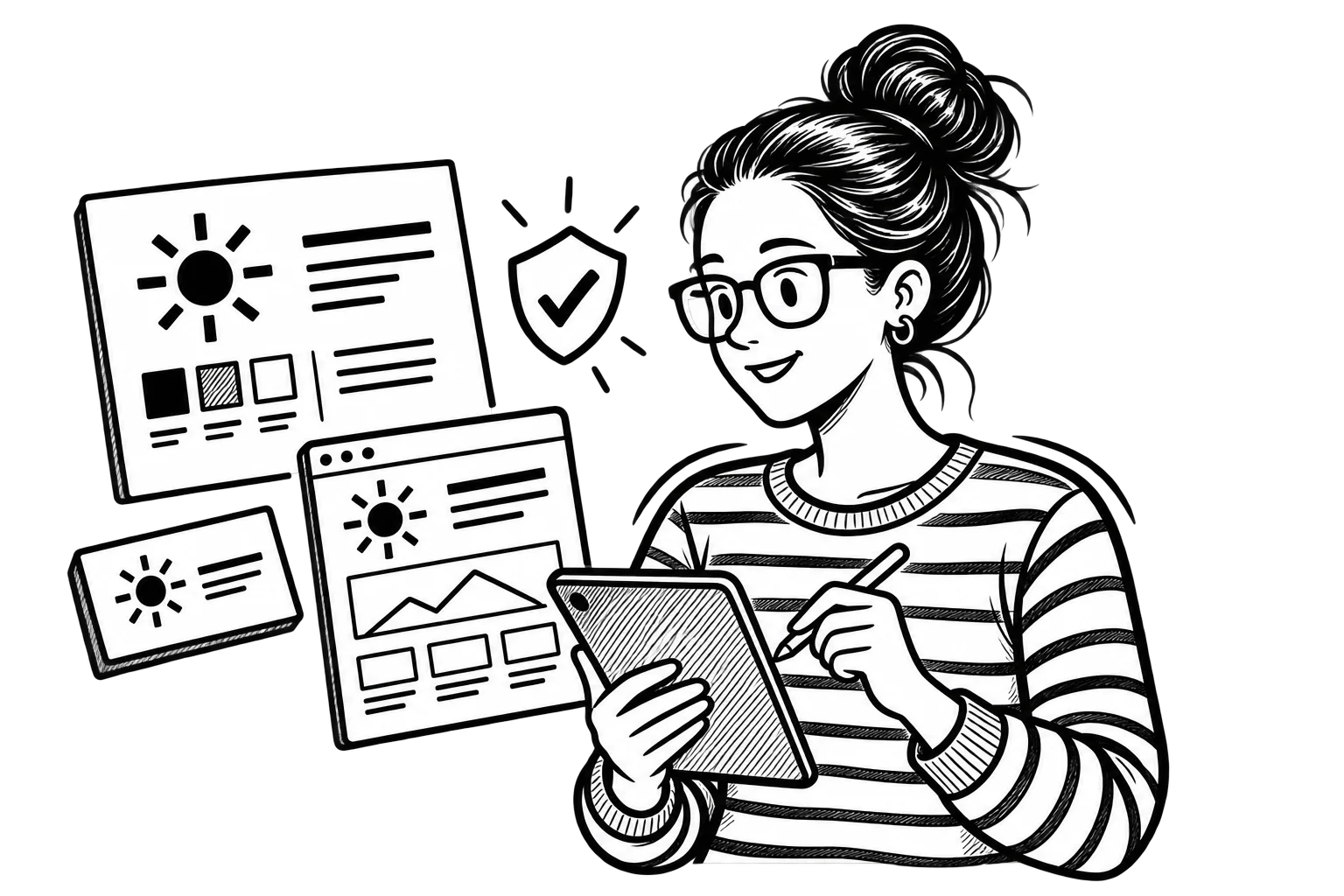 Black-and-white illustration of Patricia using a tablet beside a brand guide, business card, and website sharing the same symbol, with a trust shield.