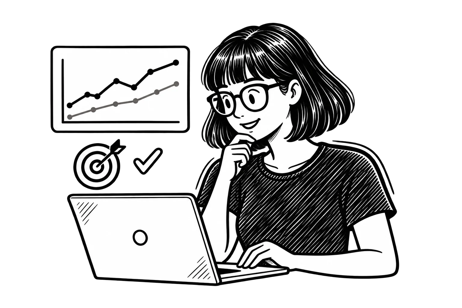 Black-and-white illustration of Zoe analyzing data on a laptop, with a trend comparison chart, target, and checkmark beside her.