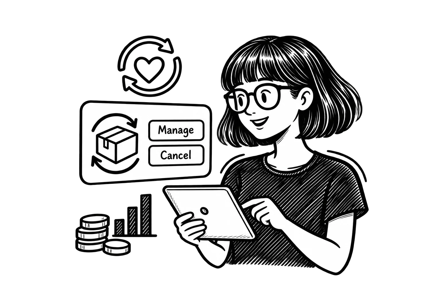 Zoe using a tablet beside subscription management controls, a customer retention symbol, and coins with a bar chart.