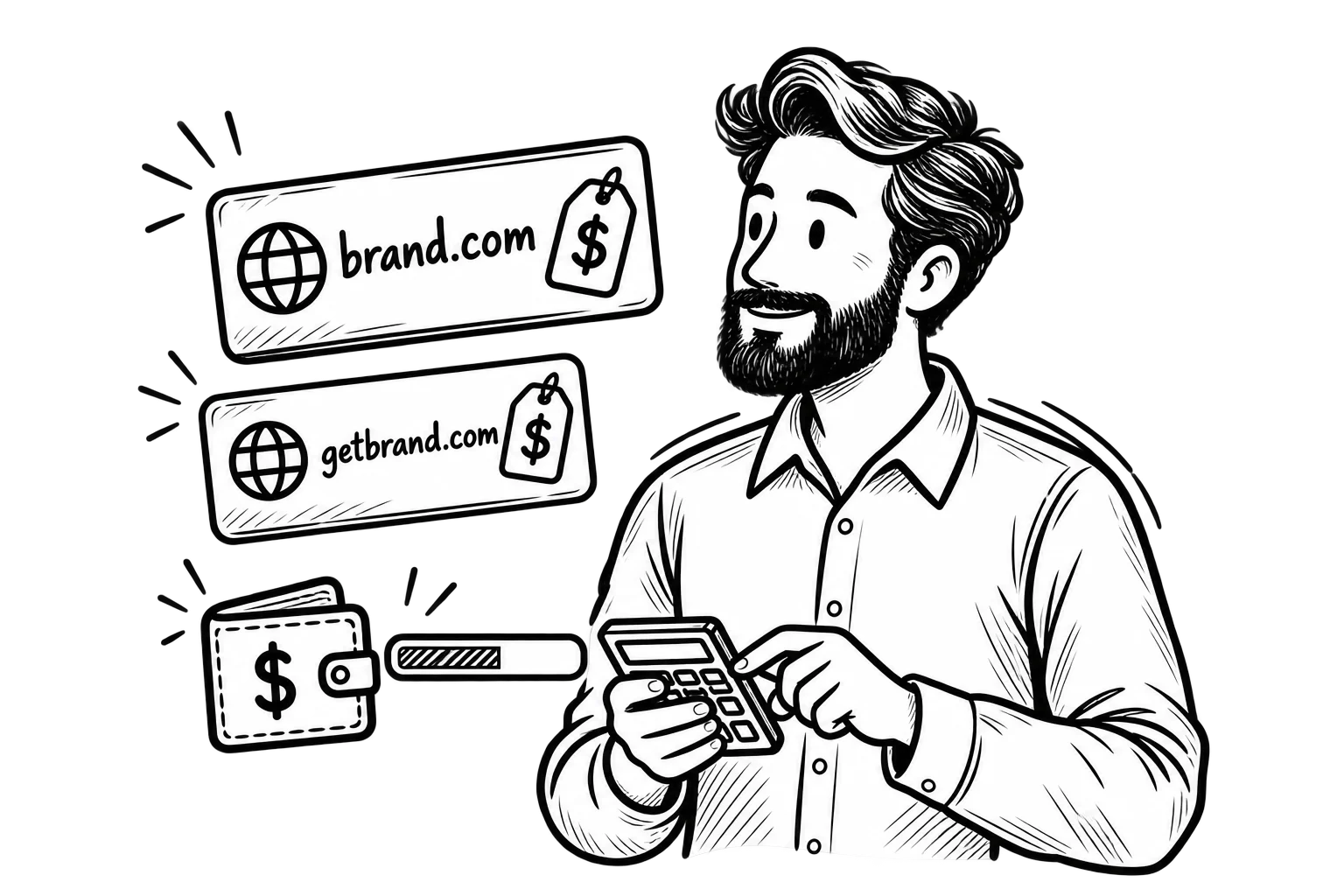 Aaron using a calculator to compare two domain names and their prices beside a budget icon.