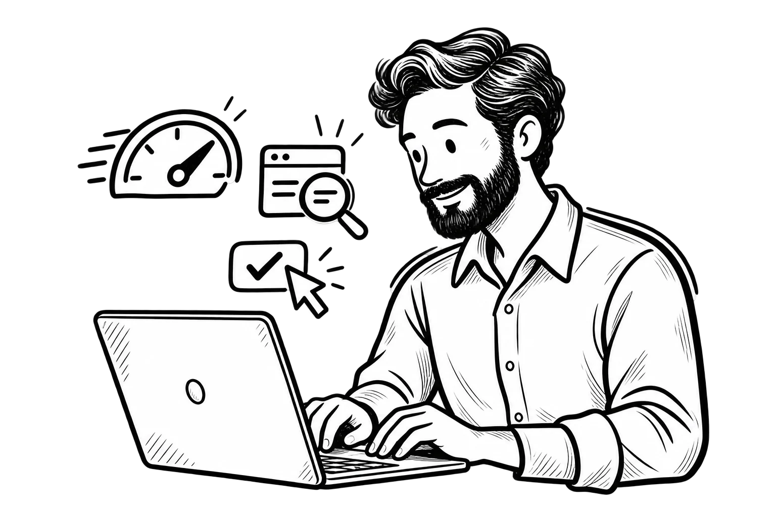 Black-and-white illustration of Aaron working on a laptop, with icons representing speed, search visibility, and conversions.