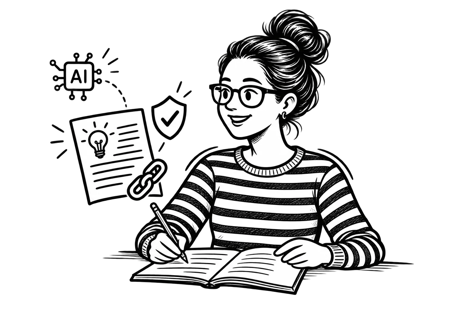 Black-and-white illustration of Patricia writing in a notebook beside an article with a lightbulb, a trust shield, and a reference link icon.