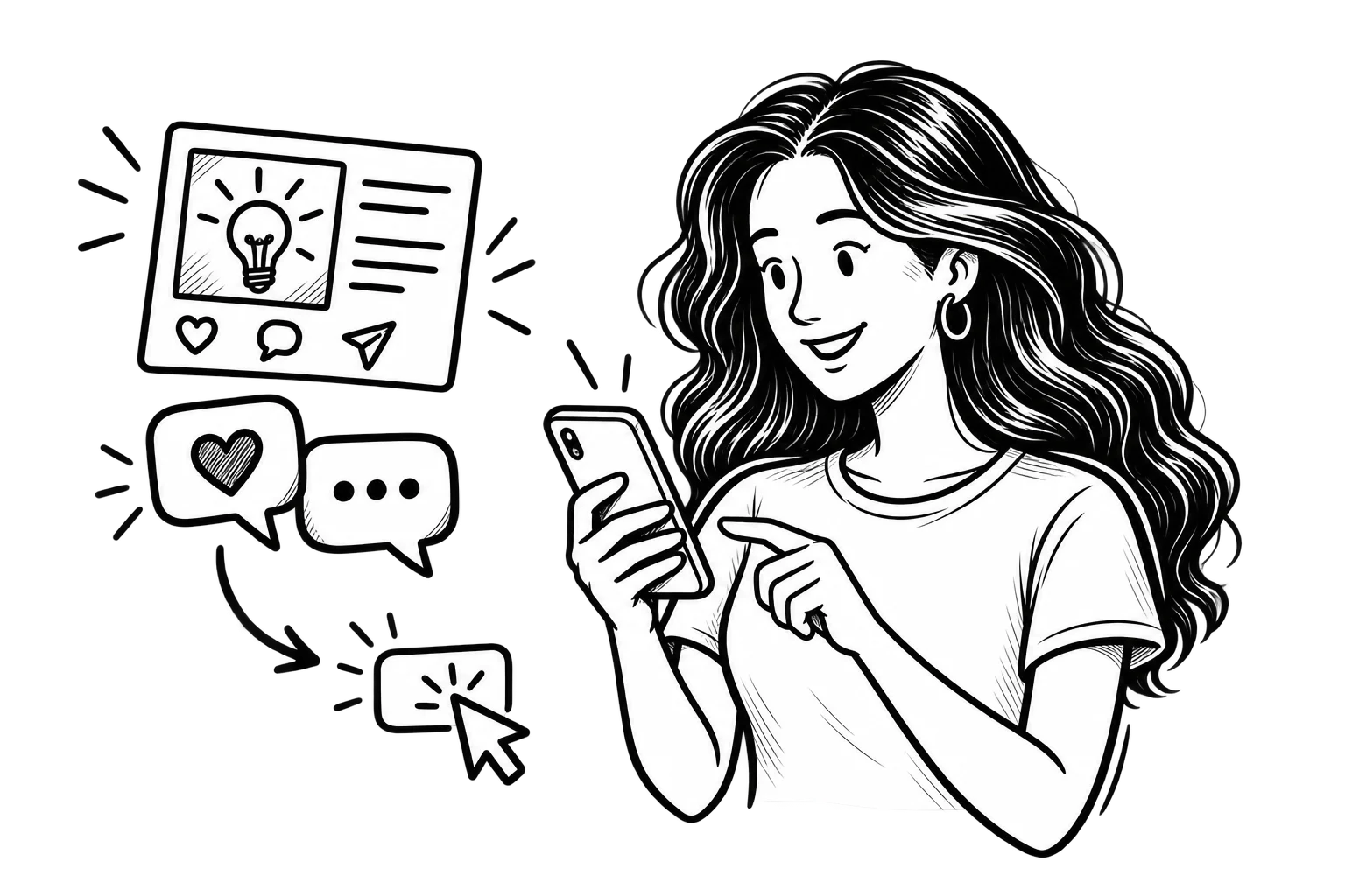 Black-and-white illustration of Victoria using a smartphone beside an original content post, conversation bubbles, and a clickable action button.
