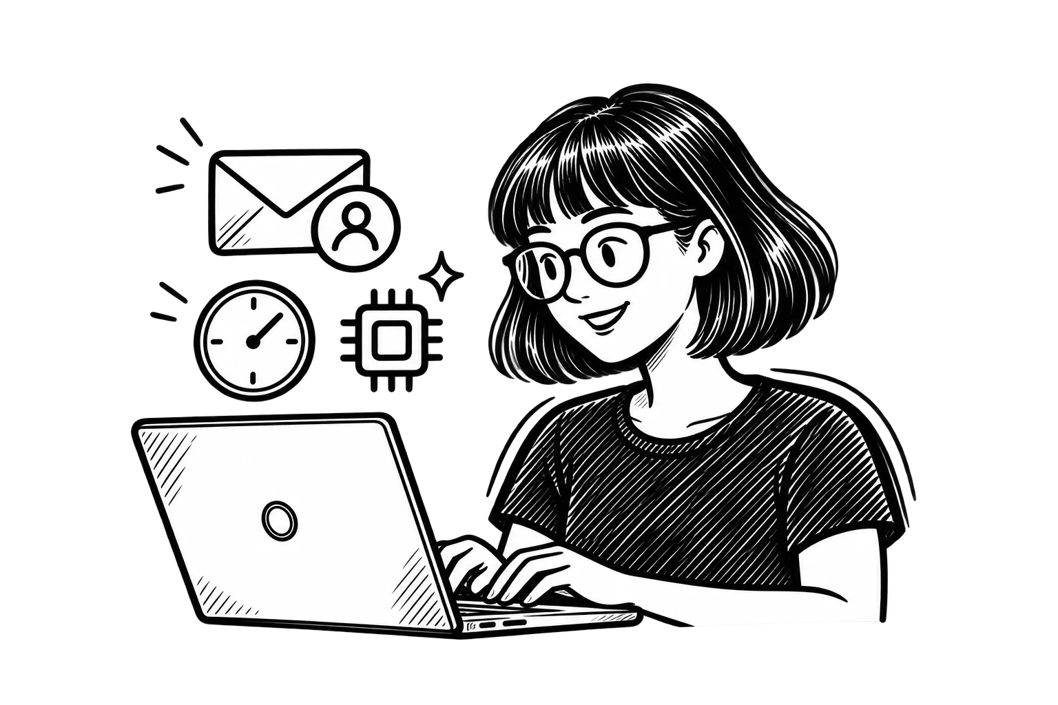 Black-and-white illustration of Zoe working on a laptop, with icons representing personalized email, send timing, and AI assistance.