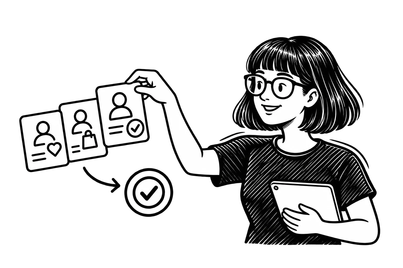 Zoe selecting a verified customer profile beside preference and purchase data cards connected to a decision checkmark.