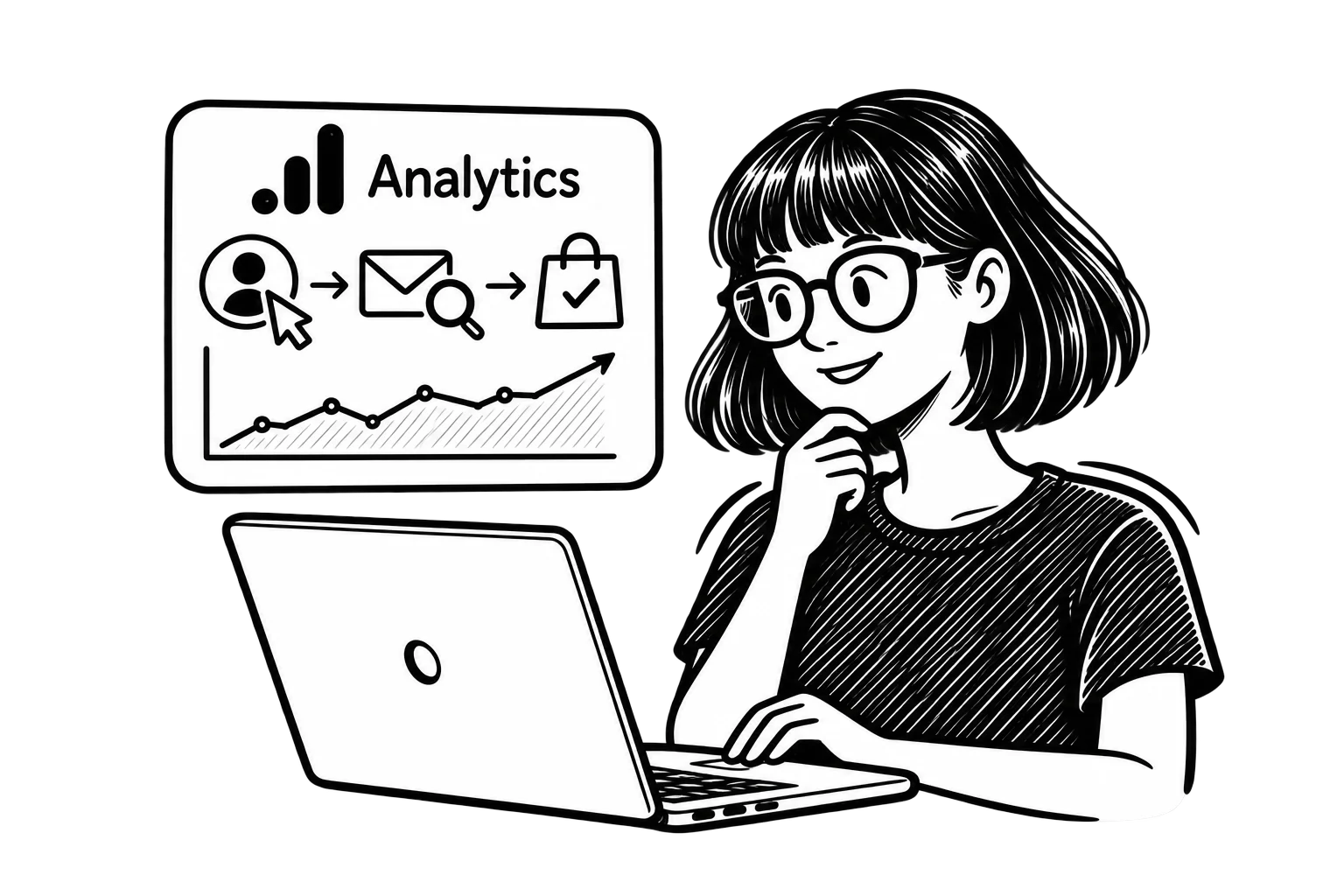 Black-and-white illustration of Zoe reviewing a laptop beside a Google Analytics panel connecting customer actions, marketing channels, and purchases.
